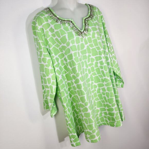 Quacker Factory Women Tunic Top XL Green Giraffe Print Sparkle 3/4 Sleeve Sequin - Picture 4 of 10